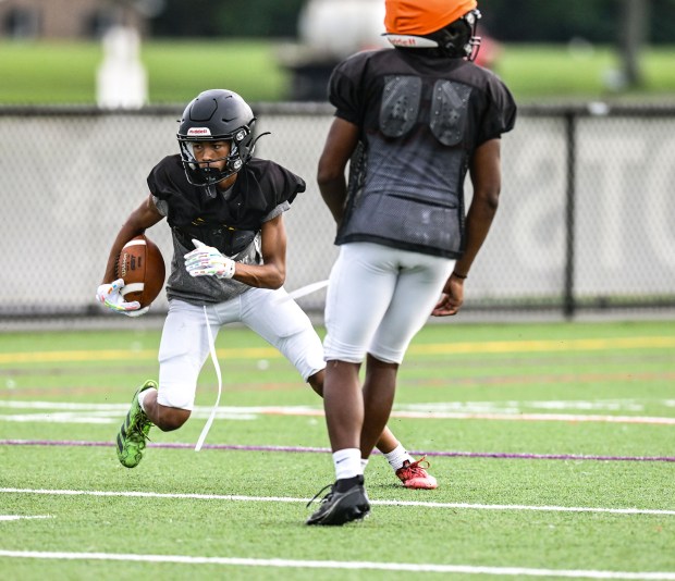 Freedom High School Football players run drills Monday, Aug. 17, 2026, during their football practice in Bethlehem. Freedom is coming off a tough season by their standards. The Patriots were 5-6 last season, but are optimistic about staging a turnaround. (Monica Cabrera/The Morning Call)