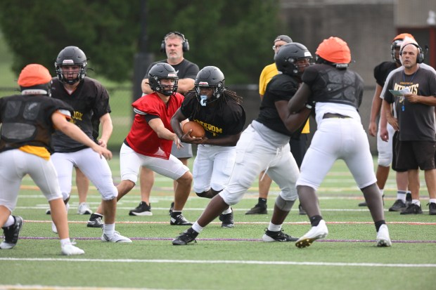 Freedom High School Football players run drills Monday, Aug. 17, 2026, during their football practice in Bethlehem. Freedom is coming off a tough season by their standards. The Patriots were 5-6 last season, but are optimistic about staging a turnaround. (Monica Cabrera/The Morning Call)