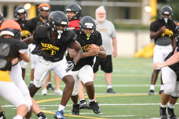 Freedom High School Football players run drills Monday, Aug. 17, 2026, during their football practice in Bethlehem. Freedom is coming off a tough season by their standards. The Patriots were 5-6 last season, but are optimistic about staging a turnaround. (Monica Cabrera/The Morning Call)
