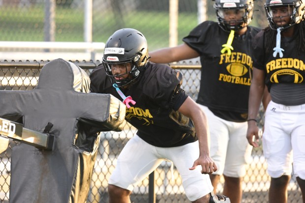 Freedom High School players run drills Monday, Aug. 17, 2026, during their football practice in Bethlehem. Freedom is coming off a tough season by their standards. (Monica Cabrera/The Morning Call)