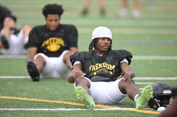 Freedom High School Football players run drills Monday, Aug. 17, 2026, during their football practice in Bethlehem. Freedom is coming off a tough season by their standards. The Patriots were 5-6 last season, but are optimistic about staging a turnaround. (Monica Cabrera/The Morning Call)