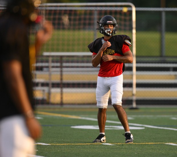Freedom High School Football players run drills Monday, Aug. 17, 2026, during their football practice in Bethlehem. Freedom is coming off a tough season by their standards. The Patriots were 5-6 last season, but are optimistic about staging a turnaround. (Monica Cabrera/The Morning Call)