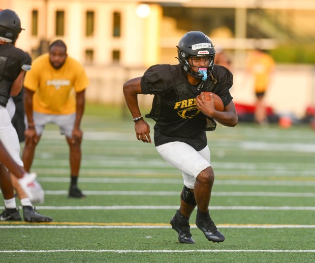 Freedom High School Football players run drills Monday, Aug. 17, 2026, during their football practice in Bethlehem. Freedom is coming off a tough season by their standards. The Patriots were 5-6 last season, but are optimistic about staging a turnaround. (Monica Cabrera/The Morning Call)
