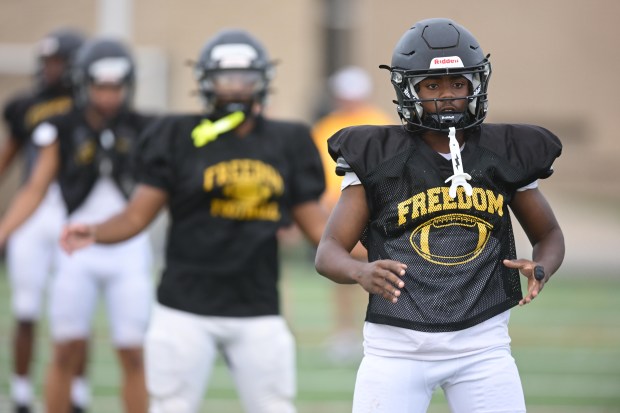 Freedom High School Football team players run drills Monday, Aug. 17, 2026, during their football practice in Bethlehem. Freedom is coming off a tough season by their standards. The Patriots were 5-6 last season, but are optimistic about staging a turnaround. (Monica Cabrera/The Morning Call)