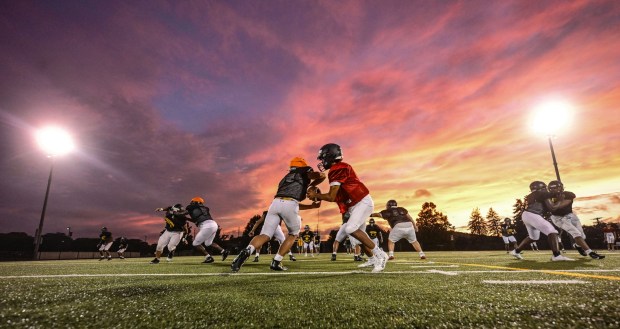 Freedom High School Football players run drills in the evening of Monday, Aug. 17, 2026, during their football practice in Bethlehem. (Monica Cabrera/The Morning Call)