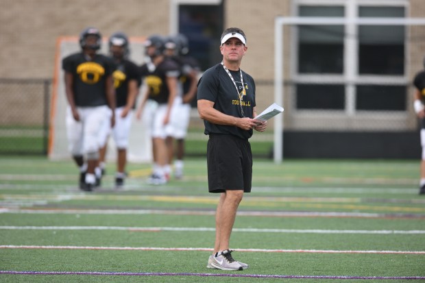 Freedom head coach Jason Roeder works with his team Monday, Aug. 17, 2026, during their football practice in Bethlehem. Freedom is coming off a tough season by their standards. The Patriots were 5-6 last season, but are optimistic about staging a turnaround. (Monica Cabrera/The Morning Call)
