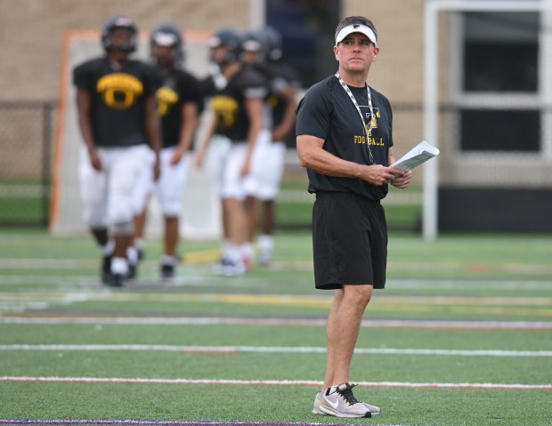 Freedom head coach Jason Roeder works with his team Monday, Aug. 17, 2026, during their football practice in Bethlehem. Freedom is coming off a tough season by their standards. The Patriots were 5-6 last season, but are optimistic about staging a turnaround. (Monica Cabrera/The Morning Call)