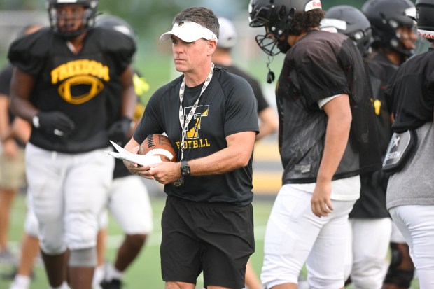 Freedom head coach Jason Roeder works with his team Monday, Aug. 17, 2026, during their football practice in Bethlehem. Freedom is coming off a tough season by their standards. The Patriots were 5-6 last season, but are optimistic about staging a turnaround. (Monica Cabrera/The Morning Call)