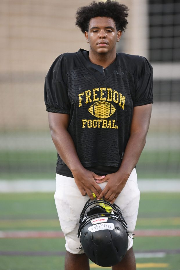 Freedom's Jahaire Hughes stands for a picture Monday, Aug. 17, 2026, during football practice in Bethlehem. Freedom is coming off a tough season by their standards. The Patriots were 5-6 last season, but are optimistic about staging a turnaround. (Monica Cabrera/The Morning Call)