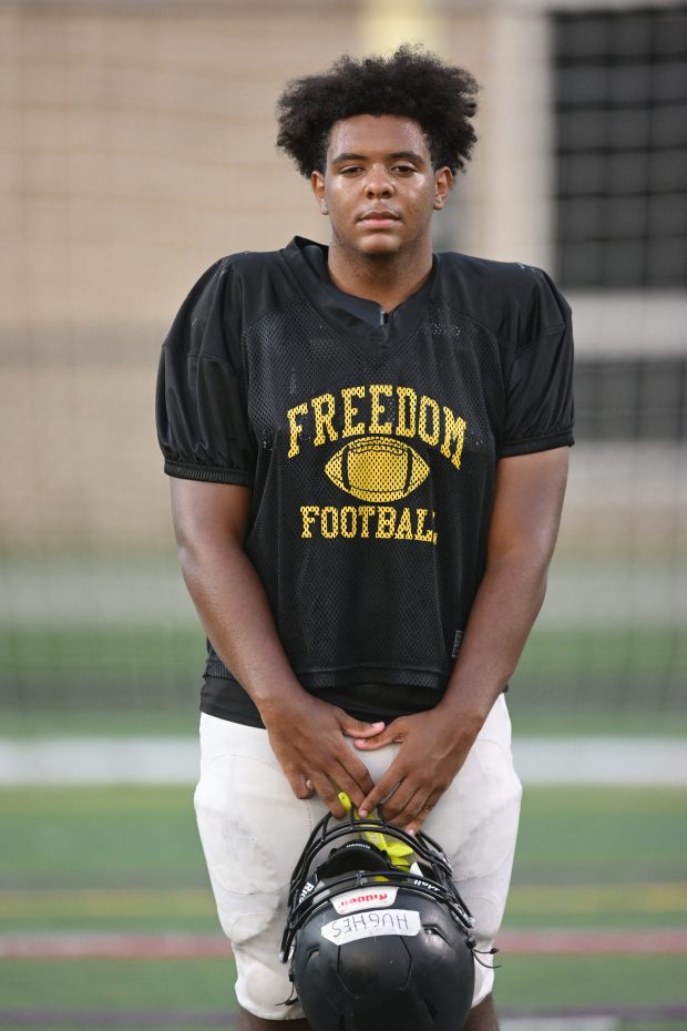 Freedom's Jahaire Hughes stands for a picture Monday, Aug. 17, 2026, during football practice in Bethlehem. Freedom is coming off a tough season by their standards. The Patriots were 5-6 last season, but are optimistic about staging a turnaround. (Monica Cabrera/The Morning Call)