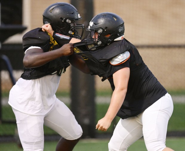 Freedom High School Football team players run drills Monday, Aug. 17, 2026, during practice in Bethlehem. Freedom is coming off a tough season by their standards. The Patriots were 5-6 last season, but are optimistic about staging a turnaround. (Monica Cabrera/The Morning Call)