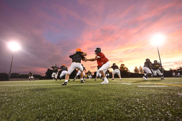 Freedom High School Football team players run drills Monday, Aug. 17, 2026, during practice in Bethlehem. Freedom is coming off a tough season by their standards. The Patriots were 5-6 last season, but are optimistic about staging a turnaround. (Monica Cabrera/The Morning Call)