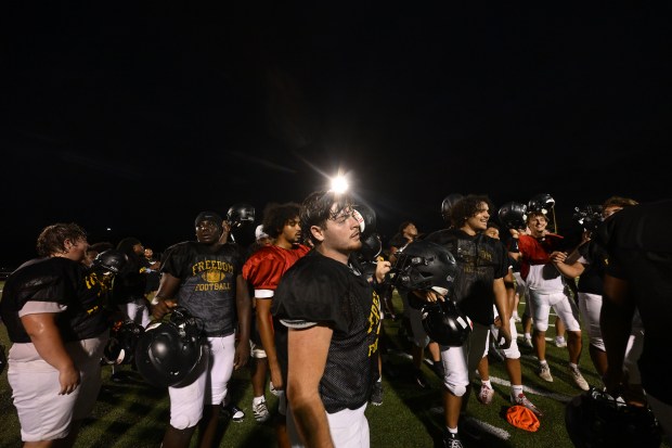 Freedom High School Football team players run drills Monday, Aug. 17, 2026, during practice in Bethlehem. Freedom is coming off a tough season by their standards. The Patriots were 5-6 last season, but are optimistic about staging a turnaround. (Monica Cabrera/The Morning Call)