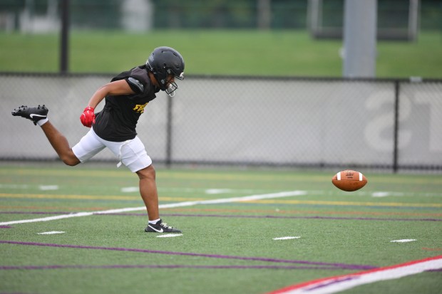 Freedom High School Football players run drills Monday, Aug. 17, 2026, during their football practice in Bethlehem. Freedom is coming off a tough season by their standards. The Patriots were 5-6 last season, but are optimistic about staging a turnaround. (Monica Cabrera/The Morning Call)