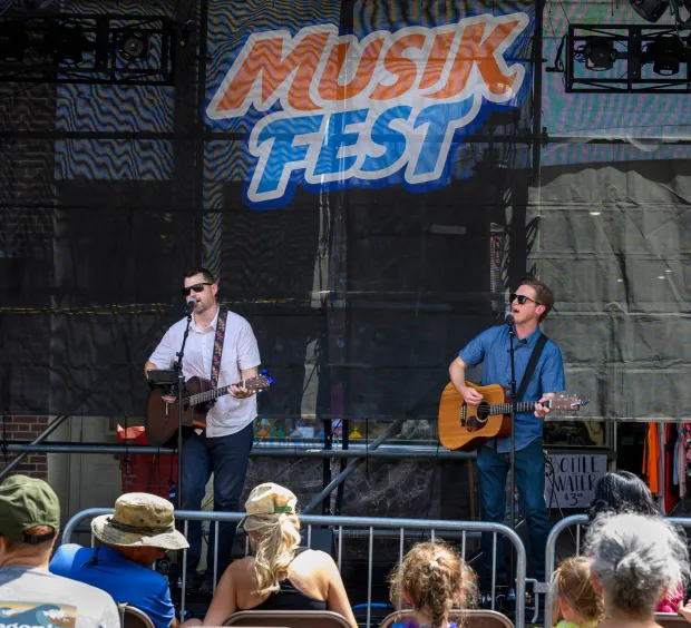 Twelve String, an acoustic songwriting duo based in the Lehigh Valley, perform Sunday, Aug. 9, 2026, on the last day of Musikfest in Bethlehem. (April Gamiz/The Morning Call)