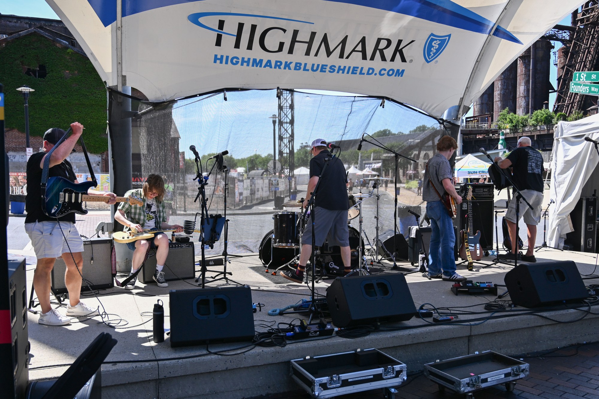 Bethlehem-based band The Swell prepares for their performance during Musikfest Tuesday, Aug. 4, 2026, at the SteelStacks in Bethlehem. (Jon Chiu/The Morning Call)