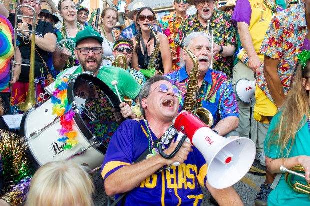 Festivalgoers enjoy food, music, and the atmosphere as they gather ahead of the evening's headlining performance during Musikfest on Saturday, Aug. 8, 2026, in Bethlehem. The annual festival runs through Aug. 9. (Jonathan Broady/Special to The Morning Call)