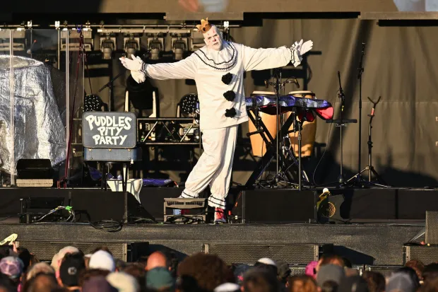 Puddles Pity Party, aka Michael Geier in his pierrot whiteface clown costume, opens for Weird Al Yankovic during Musikfest on Tuesday, Aug. 4, 2026, on the Wind Creek Steel Stage at PNC Plaza in Bethlehem. (Jon Chiu/The Morning Call)