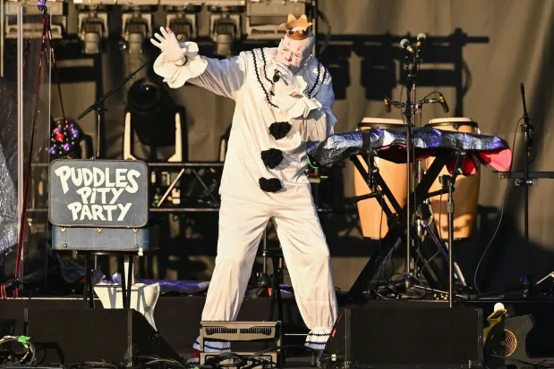 Puddles Pity Party, aka Michael Geier in his pierrot whiteface clown costume, opens for Weird Al Yankovic during Musikfest on Tuesday, Aug. 4, 2026, on the Wind Creek Steel Stage at PNC Plaza in Bethlehem. (Jon Chiu/The Morning Call)