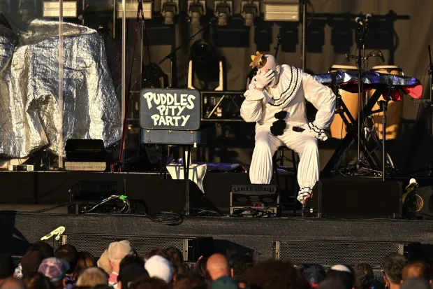 Puddles Pity Party, aka Michael Geier in his pierrot whiteface clown costume, opens for Weird Al Yankovic during Musikfest on Tuesday, Aug. 4, 2026, on the Wind Creek Steel Stage at PNC Plaza in Bethlehem. (Jon Chiu/The Morning Call)