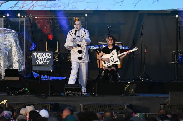 Puddles Pity Party, aka Michael Geier in his pierrot whiteface clown costume, opens for Weird Al Yankovic during Musikfest on Tuesday, Aug. 4, 2026, on the Wind Creek Steel Stage at PNC Plaza in Bethlehem. (Jon Chiu/The Morning Call)
