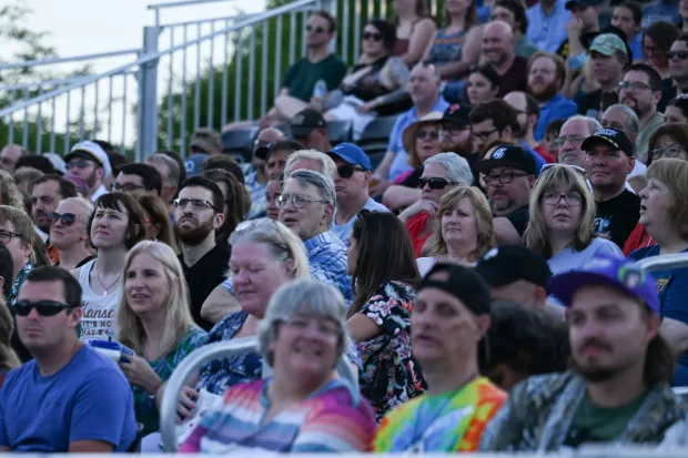 Festivalgoers watch Puddles Pity Party, aka Michael Geier in his pierrot whiteface clown costume, open for Weird Al Yankovic during Musikfest on Tuesday, Aug. 4, 2026, on the Wind Creek Steel Stage at PNC Plaza in Bethlehem. (Jon Chiu/The Morning Call)