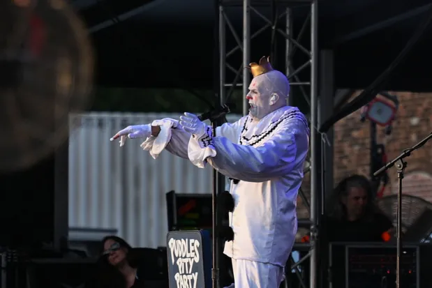 Puddles Pity Party, aka Michael Geier in his pierrot whiteface clown costume, opens for Weird Al Yankovic during Musikfest on Tuesday, Aug. 4, 2026, on the Wind Creek Steel Stage at PNC Plaza in Bethlehem. (Jon Chiu/The Morning Call)