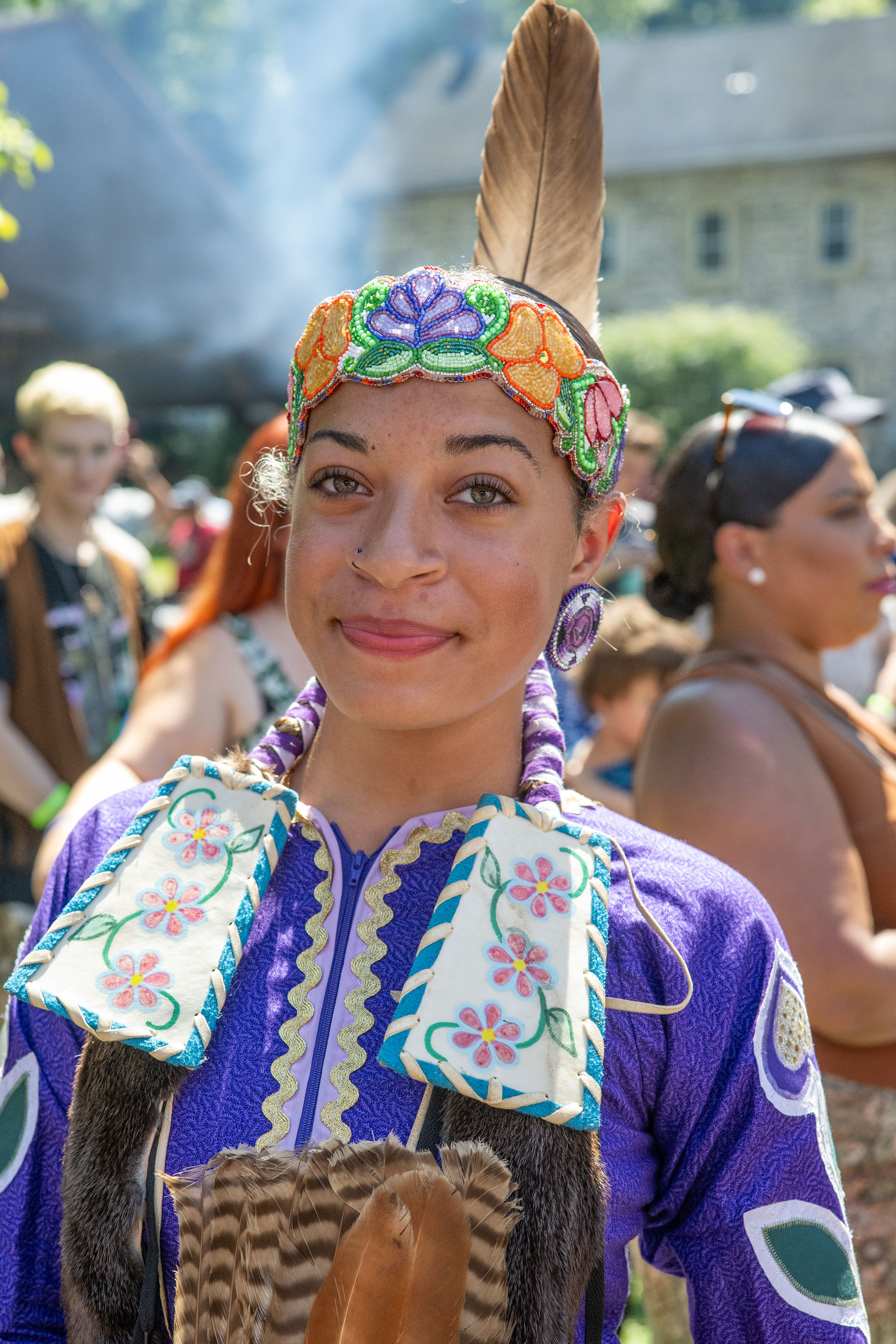 Liana Ellis of the Nanticoke Lenni-Lenape gets ready to perform during a round of intertribal dances on Saturday, Aug. 15, 2026, at the 46th annual Roasting Ears of Corn Festival hosted by the Museum of Indian Culture in Allentown. The event features Native American drumming, singing, dancing, food, artisans, cultural heritage activities and more. (Jonathan Broady/Special to The Morning Call)