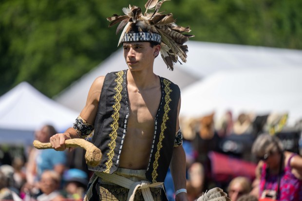 Chaton Stevens,of Upper Black Eddy, Bucks County, representing the Seneca Nation, perform during a round of intertribal dances on Saturday, Aug. 15, 2026, during the 46th Annual Roasting Ears of Corn Festival hosted by the Museum of Indian Culture in Allentown. The event features Native American drumming, singing, dancing, food, artisans, cultural heritage activities and more.The event runs through Sunday - 10 am - 6 pm. (Jonathan Broady/Special to The Morning Call)