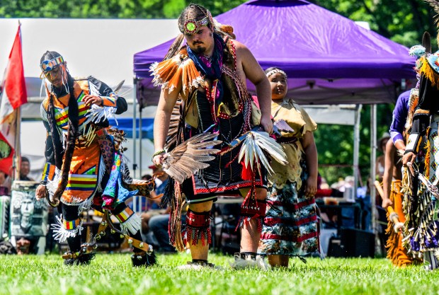 Native American dancers perform during a round of intertribal dances on Saturday, Aug. 15, 2026, during the 46th Annual Roasting Ears of Corn Festival hosted by the Museum of Indian Culture in Allentown. The event features Native American drumming, singing, dancing, food, artisans, cultural heritage activities and more.The event runs through Sunday - 10 am - 6 pm. (Jonathan Broady/Special to The Morning Call)