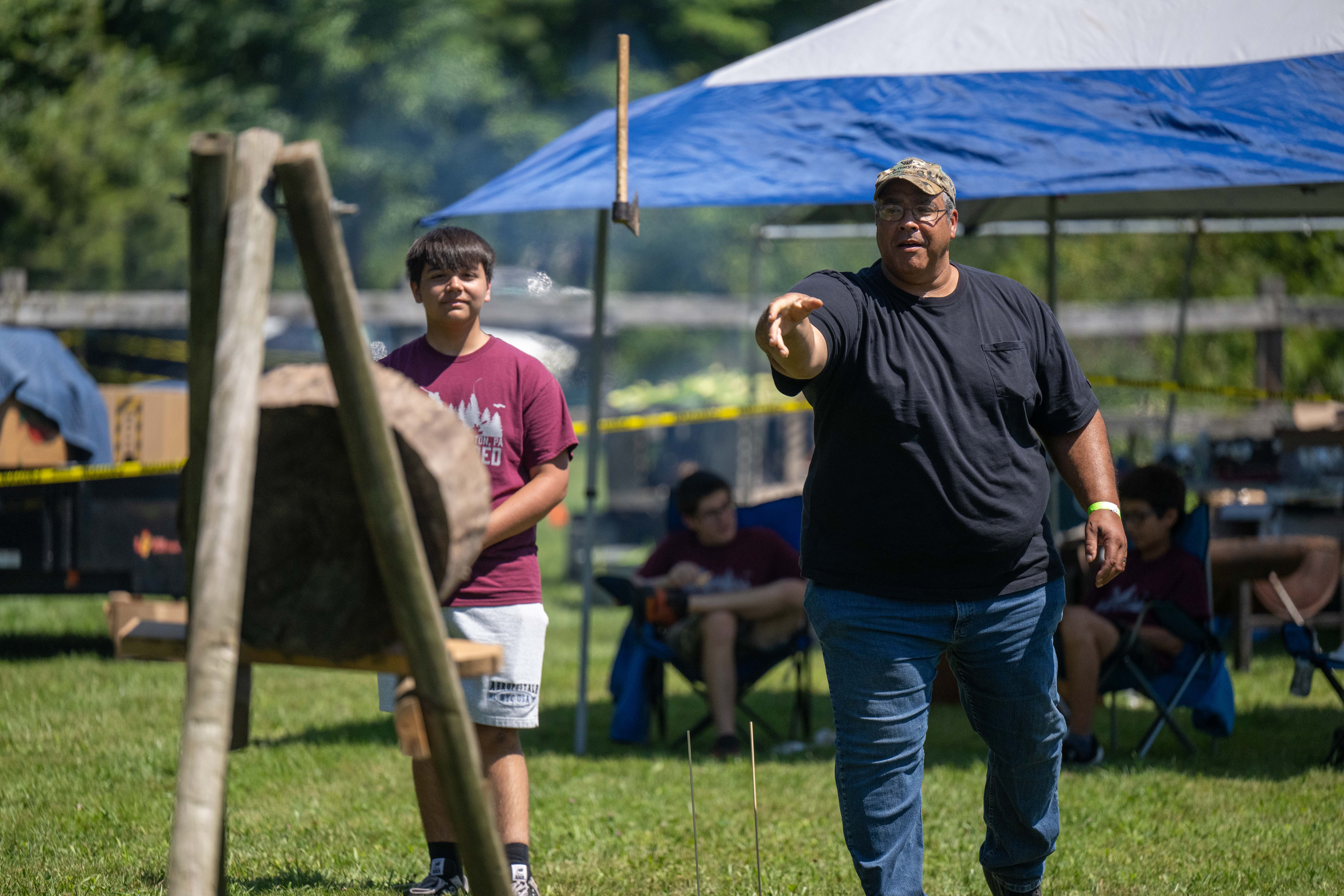 Johnny Oxner of New Ringgold tries tomahawk throwing on Saturday, Aug. 15, 2026, during the 46th annual Roasting Ears of Corn Festival hosted by the Museum of Indian Culture in Allentown. The event features Native American drumming, singing, dancing, food, artisans, cultural heritage activities and more. The event runs through Sunday from 10 a.m. to 6 p.m. (Jonathan Broady/Special to The Morning Call)