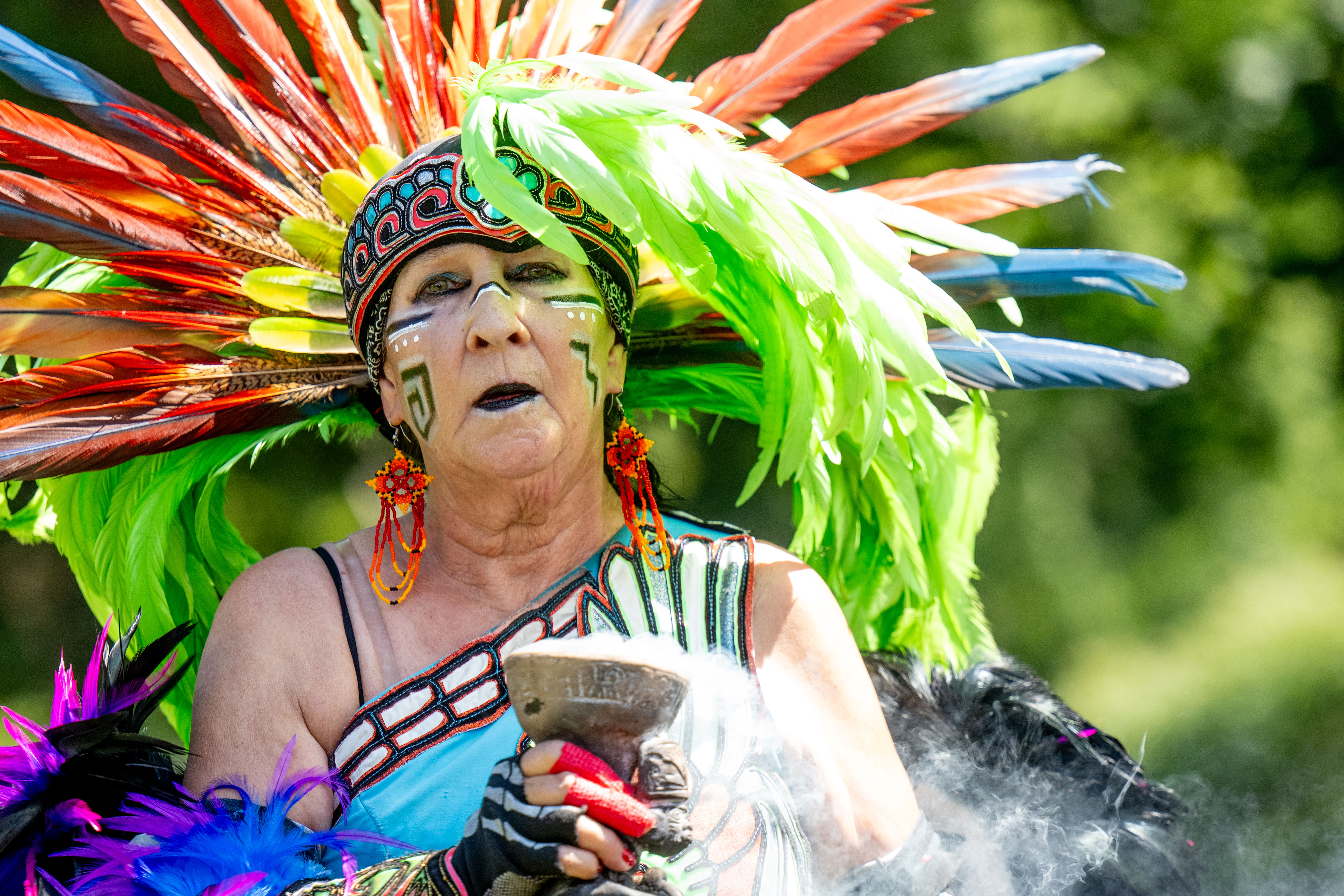 The Salinas Family of Mexico City demonstrates Aztec Dancing Saturday, Aug. 15, 2026, during the The 46th Annual Roasting Ears of Corn Festival Honoring Tradition Event hosted by the Museum of Indian Culture in Allentown. The event features Native American drumming, singing, dancing, food, artisans, cultural heritage activities and more. (Jonathan Broady/Special to The Morning Call)