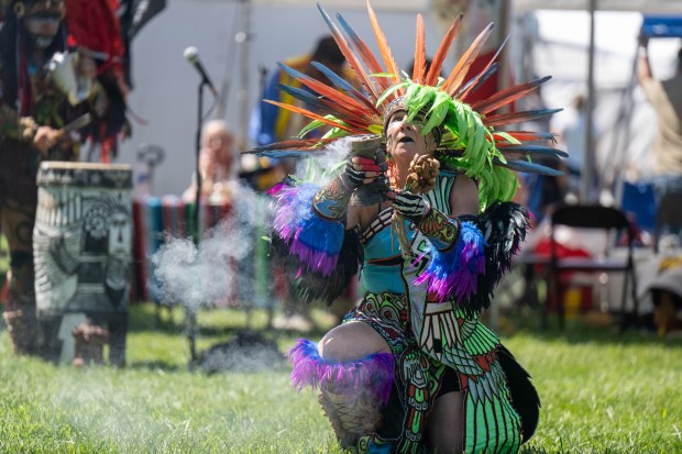 The Salinas Family of Mexico City demonstrates Aztec Dancing Saturday, Aug. 15, 2026, during the The 46th Annual Roasting Ears of Corn Festival Honoring Tradition Event hosted by the Museum of Indian Culture in Allentown. The event features Native American drumming, singing, dancing, food, artisans, cultural heritage activities and more. (Jonathan Broady/Special to The Morning Call)