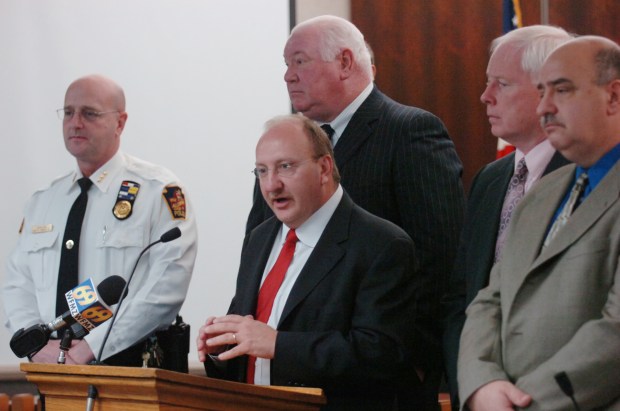 Allentown assistant Chief David M. Howells Jr., Mayor Ed Pawlawski, DA Jim Martin, Police chief Roger MacLean and assistant chief Ronald Manescu hold a news conference announcing the arrests of five adults and one juvenile connected with a series robberies in Allentown and adjacent communities at City Hall on Wednesday, Nov. 22, 2006. (Cesar L. Laure/The Morning Call)
