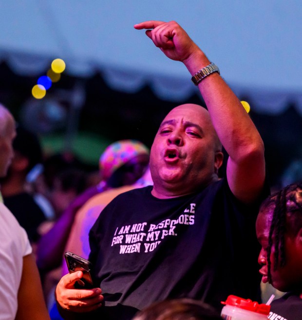 Fans react as special guest DaBaby performs with T.I. on Wednesday, Aug. 5, 2026, on Musikfest's Wind Creek Steel Stage at PNC Plaza in Bethlehem. Musikfest runs through Aug. 9. (April Gamiz/The Morning Call)