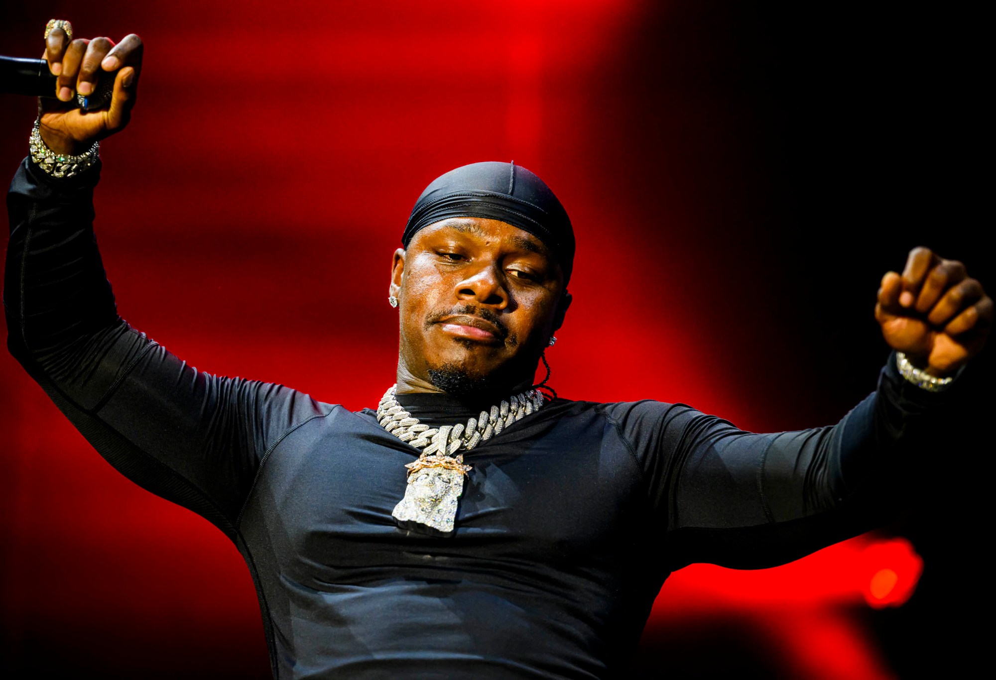 Rapper DaBaby performs in the crowd before rapper T.I. on Wednesday, Aug. 5, 2026, on Musikfest's Wind Creek Steel Stage at PNC Plaza in Bethlehem. Musikfest runs through Aug. 9. (April Gamiz/The Morning Call)