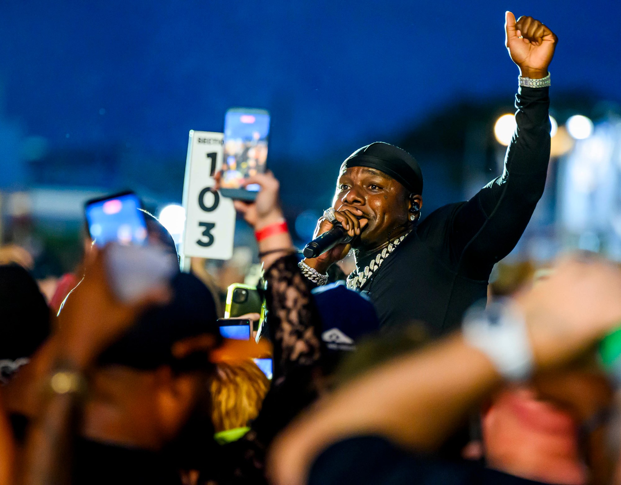 Rapper DaBaby performs in the crowd before rapper T.I. on Wednesday, Aug. 5, 2026, on Musikfest's Wind Creek Steel Stage at PNC Plaza in Bethlehem. Musikfest runs through Aug. 9. (April Gamiz/The Morning Call)