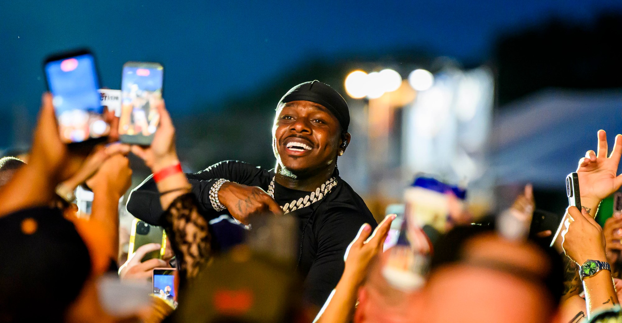 Rapper DaBaby performs in the crowd before rapper T.I. on Wednesday, Aug. 5, 2026, on Musikfest's Wind Creek Steel Stage at PNC Plaza in Bethlehem. Musikfest runs through Aug. 9. (April Gamiz/The Morning Call)