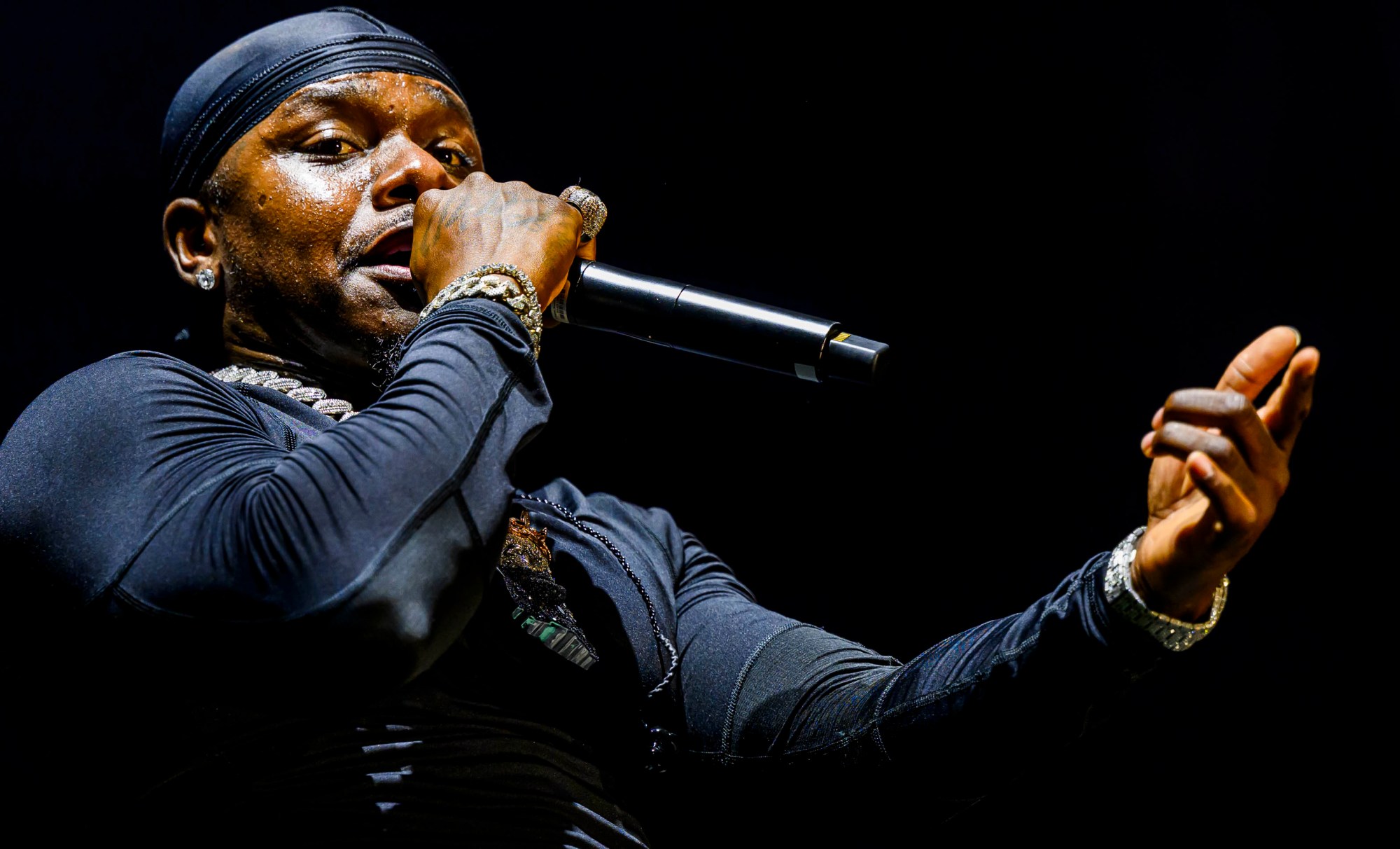 Rapper DaBaby performs in the crowd before rapper T.I. on Wednesday, Aug. 5, 2026, on Musikfest's Wind Creek Steel Stage at PNC Plaza in Bethlehem. Musikfest runs through Aug. 9. (April Gamiz/The Morning Call)