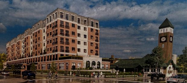 An artist's rendering shows the mixed-use complex proposed to be built at Third and Hamilton streets in Allentown, the site of the former train station. (Real Star Properties/Contributed image)