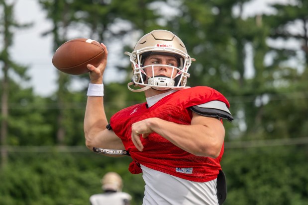 Bethlehem Catholic's Axel Burkart throws the ball on Friday, Aug. 14, 2026, during Bethlehem Catholic high school football practice in Bethlehem (Jonathan Broady/Special to The Morning Call)