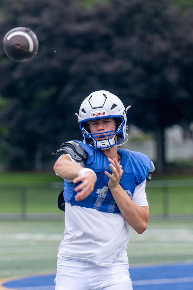 Nazareth's Cooper Madson throws the ball,Tuesday, Aug. 18, 2026, during Nazareth High School football practice in Nazareth. (Jonathan Broady/Special to The Morning Call)