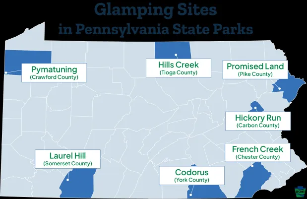 Map of Pennsylvania parks participating in the glamping pilot. (Pennsylvania Department of Conservation and Natural Resources)