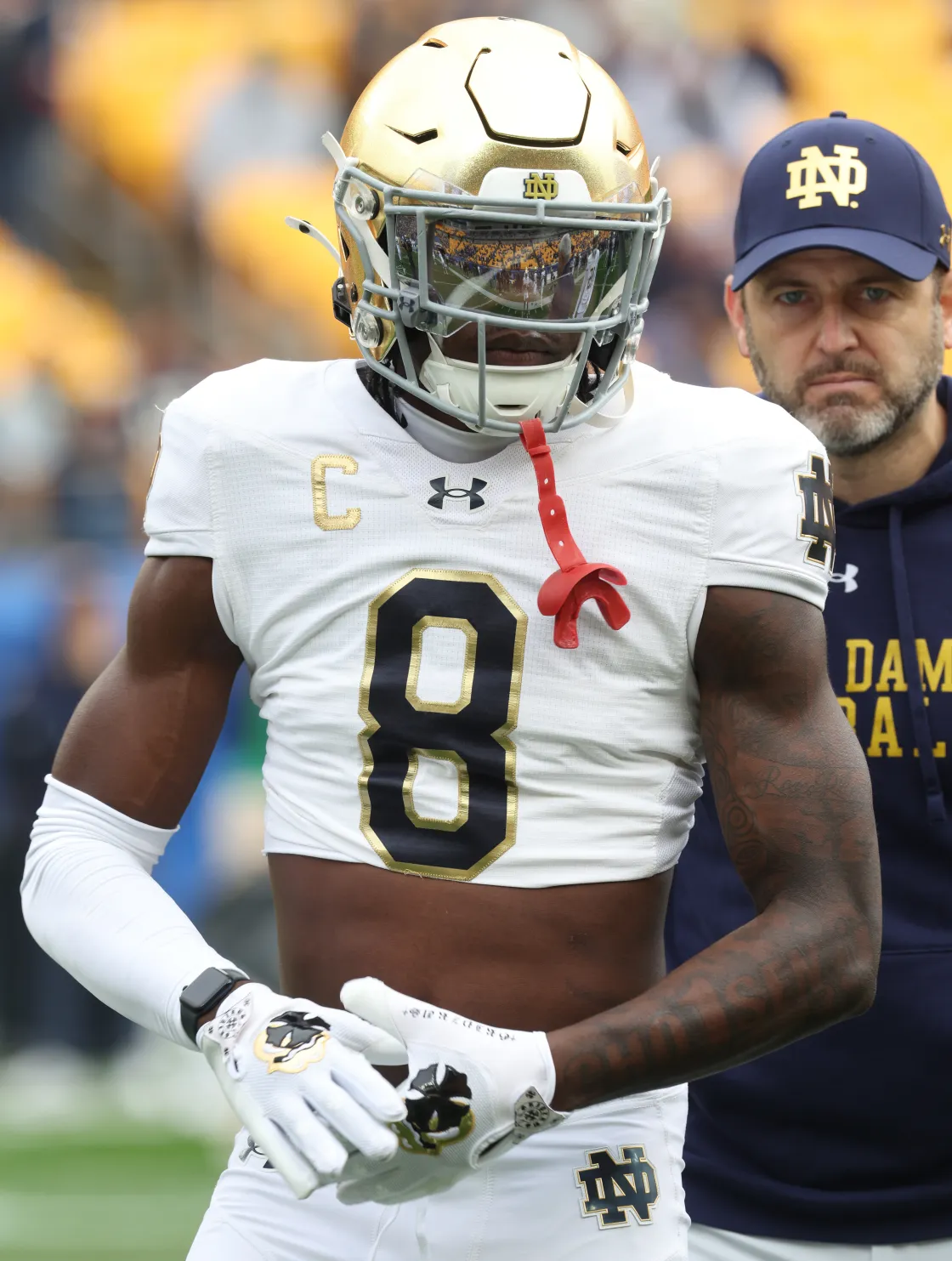 Nov 15, 2025; Pittsburgh, Pennsylvania, USA; Notre Dame Fighting Irish safety Adon Shuler (8) warms up before the game against the Pittsburgh Panthers at Acrisure Stadium. Mandatory Credit: Charles LeClaire-Imagn Images