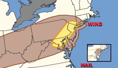 Thunderstorms will move into the Mid Atlantic this afternoon, setting the stage for destructive wind gusts and damaging hail. This map reflects where there