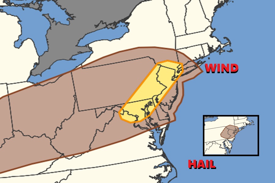 Thunderstorms will move into the Mid Atlantic this afternoon, setting the stage for destructive wind gusts and damaging hail. This map reflects where there