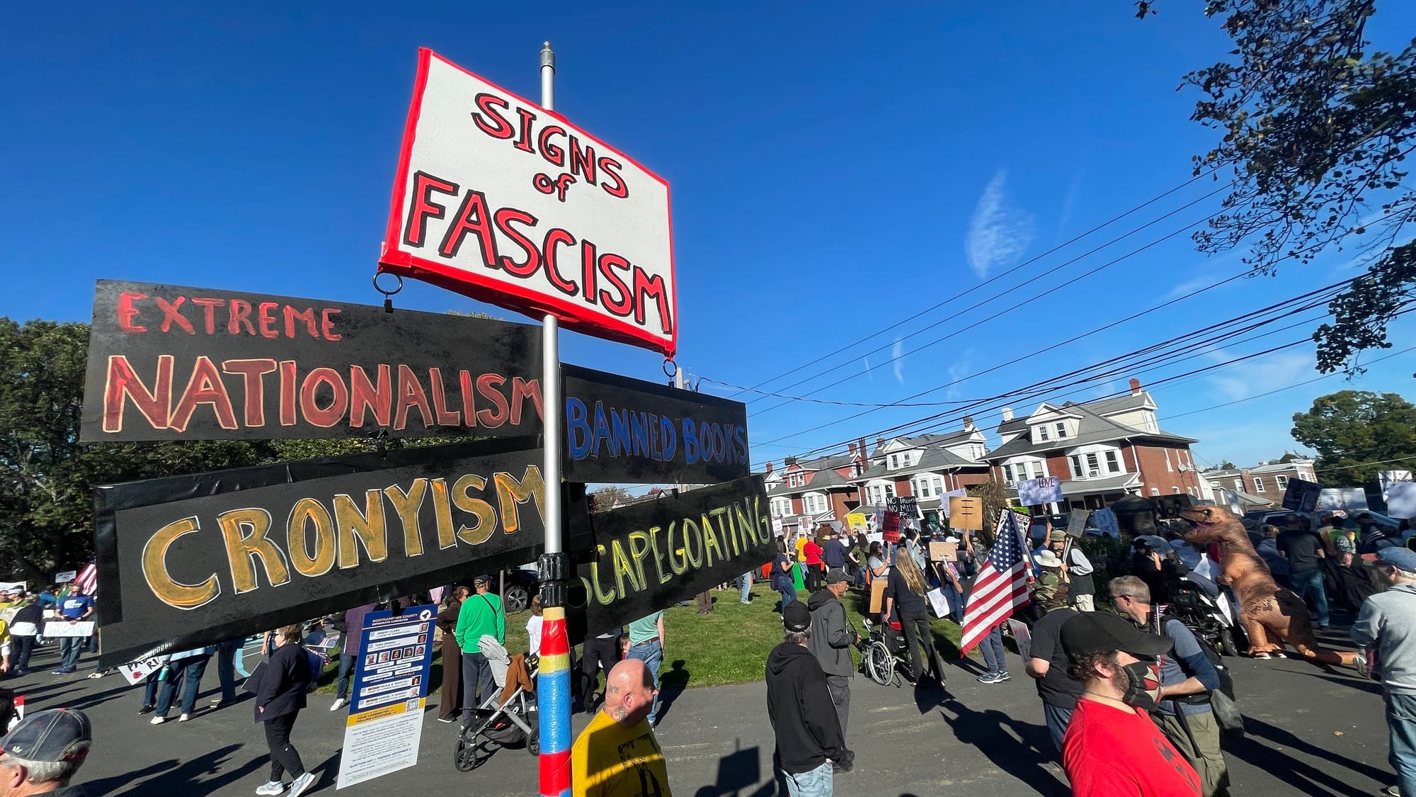 “No Kings” protesters in Bethlehem on Saturday, Oct. 18, 2025, filed into Rose Garden Park to share their disdain for Preside