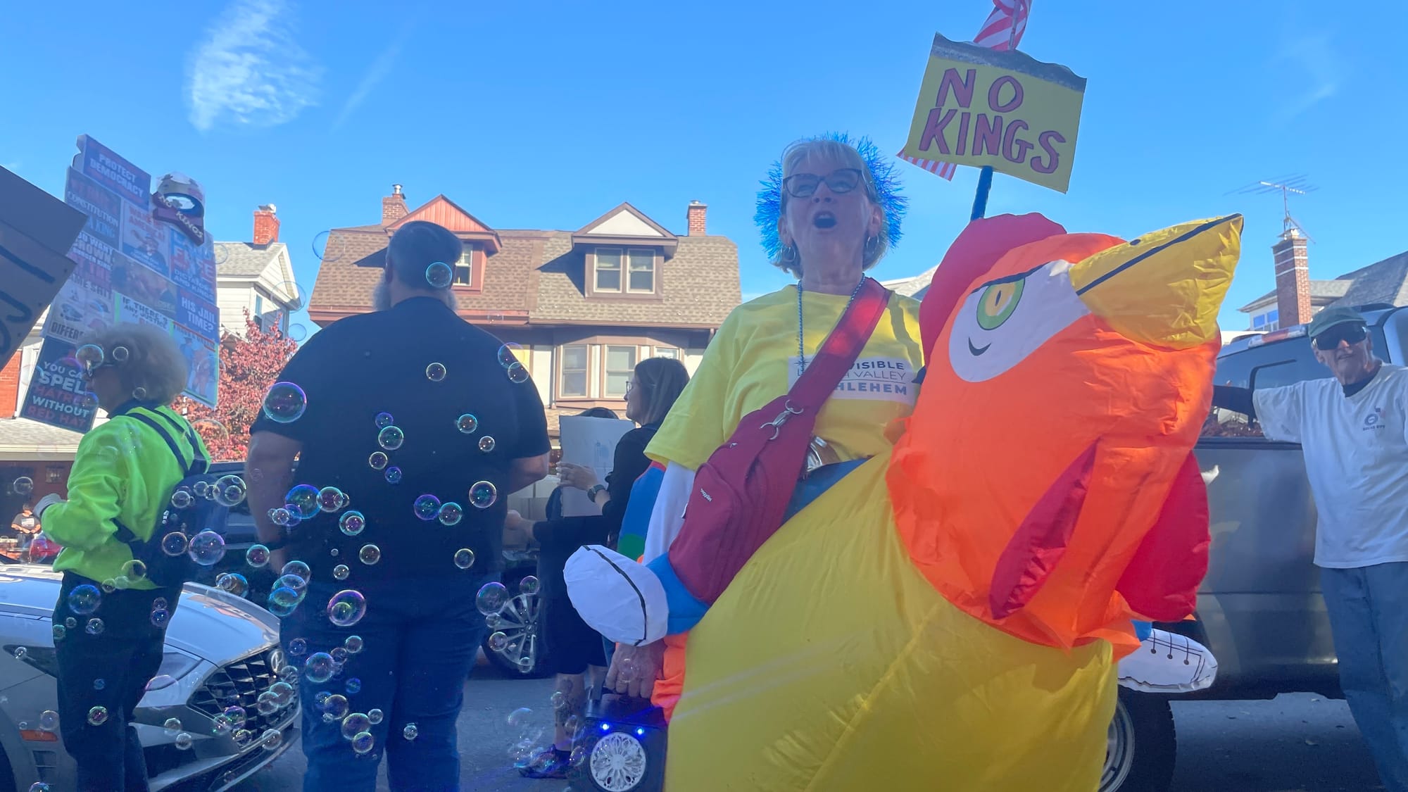“No Kings” protesters in Bethlehem on Saturday, Oct. 18, 2025, filed into Rose Garden Park to share their disdain for Preside