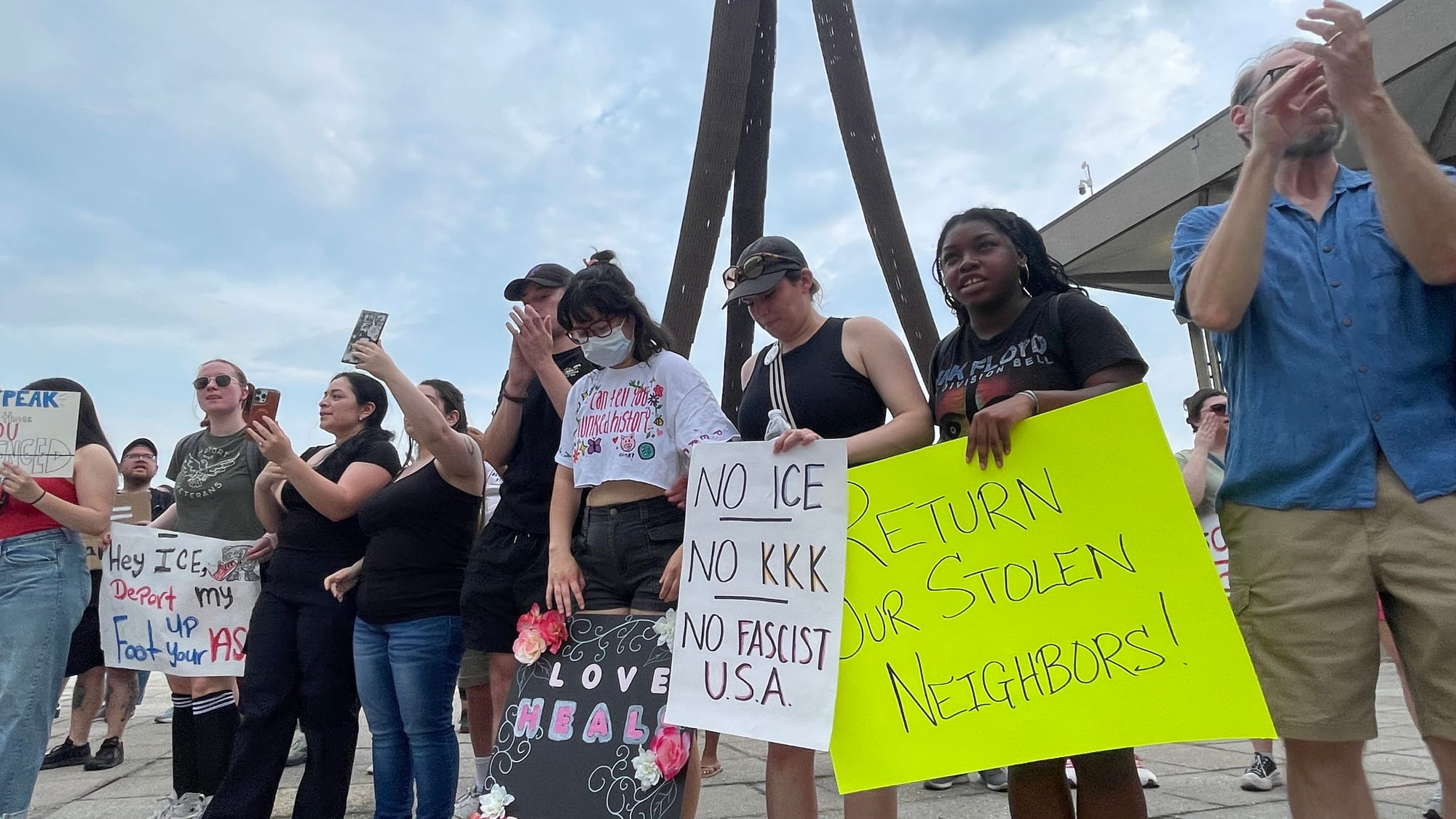 Residents gathered at a rally in Bethlehem on Thursday, June 12 to protest a federal immigration raid at the fire-damaged Fiv
