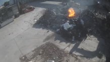 This security video appears to show a battery igniting material in a scrap pile before flames rapidly spread at Richard S. Burns Co., a recycling facility in Philadelphia's Hunting Park neighborhood.